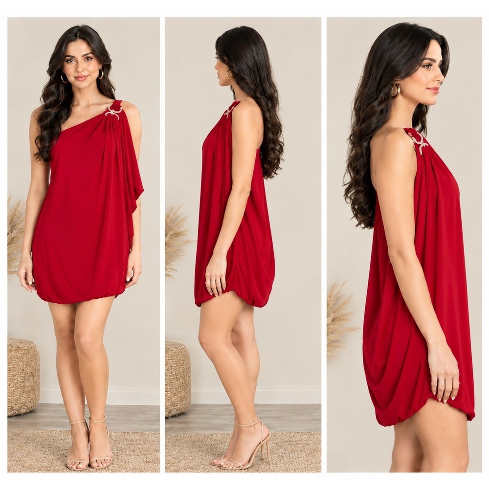 Caché One-Shoulder Drape Mini Dress Womens S Vintage Red Rhinestone Holiday